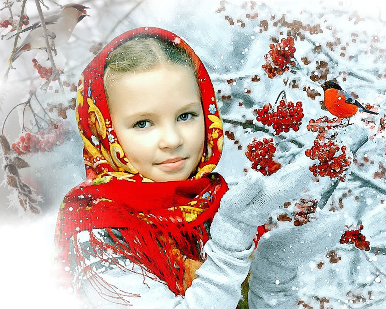 Девушка зимой с рябиной