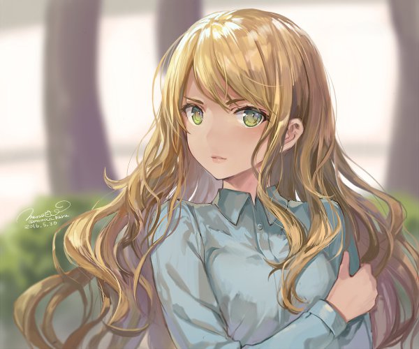 Anime girl with long brown hair and green eyes