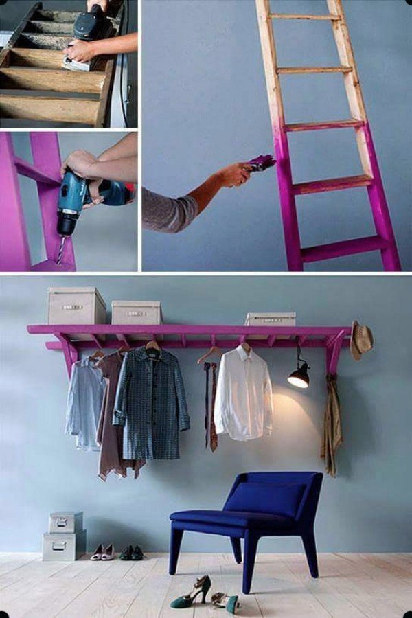 Лестница вешалка для одежды в интерьере