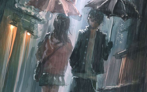 Anime couple in the rain