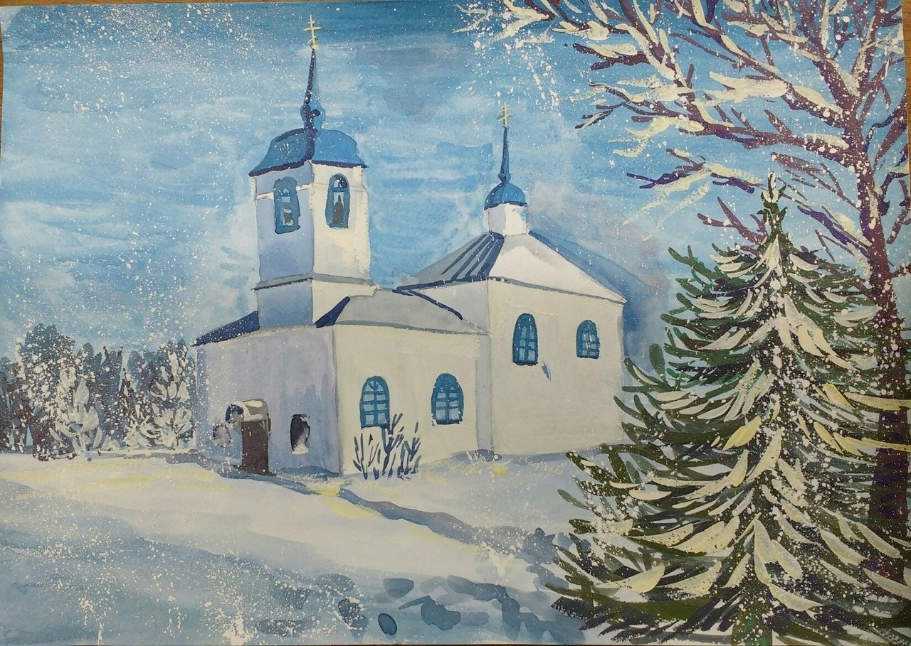 Зимний пейзаж с Церковью рисунок для детей