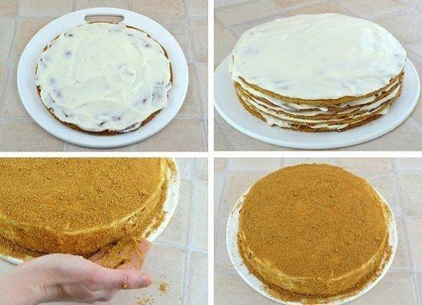 Вкуснейший торт из медового теста со сметанным кремом. Ингредиенты: Тесто: 3 яйца 150 г меда 100 г ...