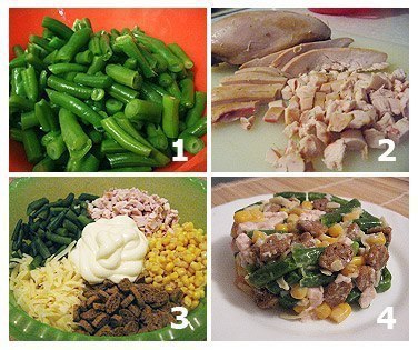 Салат из фасоли с копченой курицей.Ингредиенты:- 200 гр замороженной зеленой стручковой фасоли- 1 ...