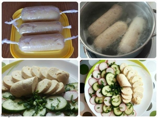 Нежнейшие куриные сосиски, вкуснятина.на 100 гр - 101 ккалИнгредиенты:-500 г куриного филе-100 мл ...