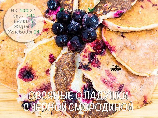Овсяные оладушки с черной смородиной.Ингредиенты: 1 ст. овсяной муки 1 ст. обезжиренного молока 1 ...