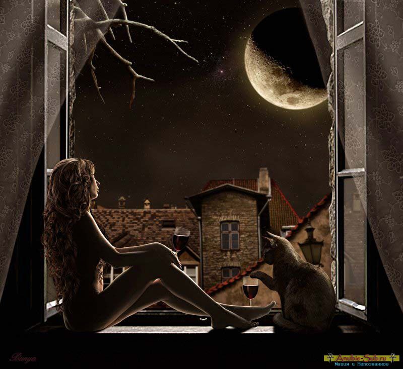 Луна заглядывает в окно. Девушка и ночь. Девушка сидит у окна ночью. Загадочного вечера