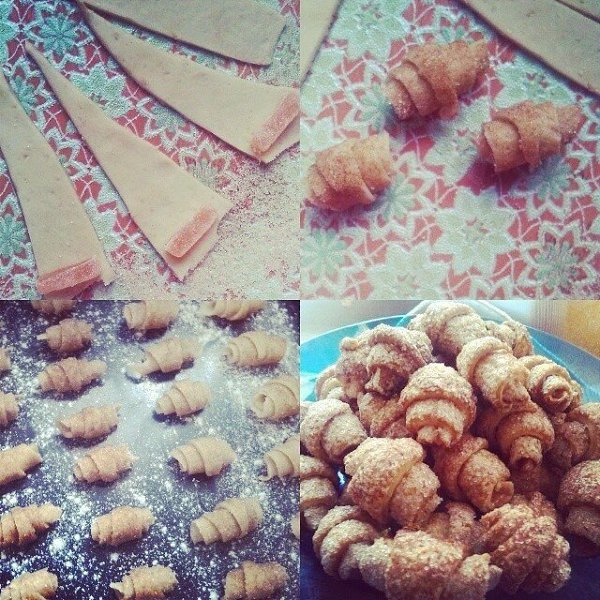 Cахарные рогалики.Ингредиенты:250 г маргарина0,5 ст. теплого молока2 яйца1 ч.л. сухих дрожжей0,5 п. ...