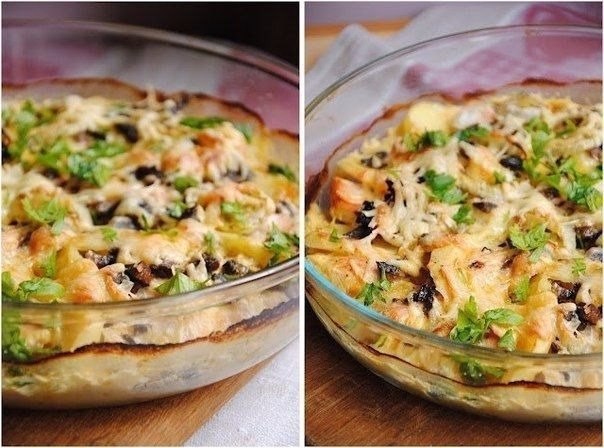 Картофельный гратен с курицей и грибами.на 100грамм - 85.6 ккалБ/Ж/У - ...