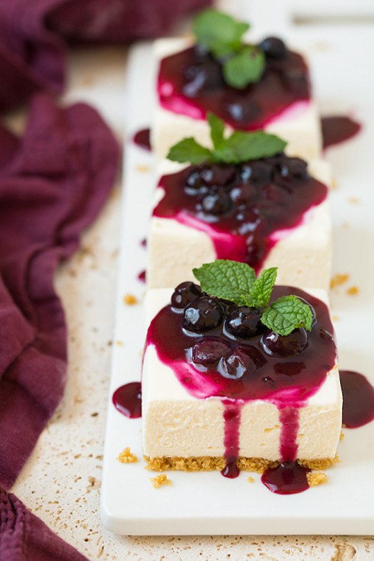 No-Bake Cheesecake Bars with Fresh Blueberry Sauce