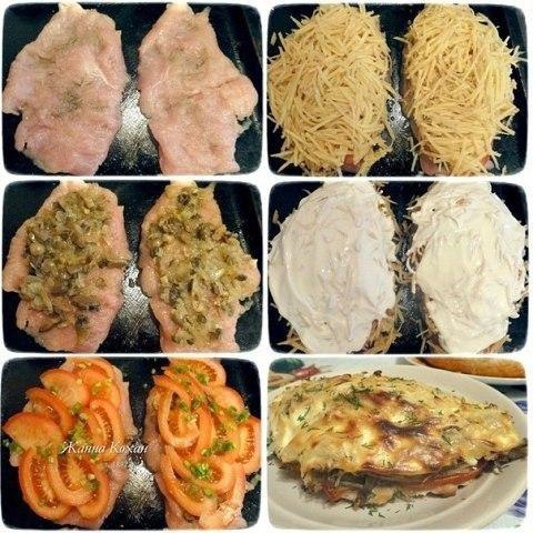 Куриная грудка под шубой.Ингредиенты:Грудка куриная 2 штКартофель 3 штПомидор красный 2 штЛук ...