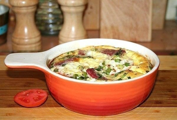 Пышный омлет с помидорами, салями и зелёным луком.Ещё один вариант вкусного завтрака. Омлет ...