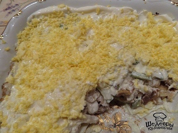 САЛАТ ИЗ КУРИНОГО ФИЛЕ И ШАМПИНЬОНОВ.ИНГРЕДИЕНТЫ: 2-3 вареных куриных филе, 3 вареных вкрутую яйца, ...