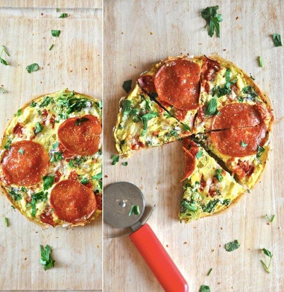 Пицца-омлет.Ингредиенты:5 яиц + водасоль и перец по вкусуброкколи и лук, мелко нарезаные (по 20 ...