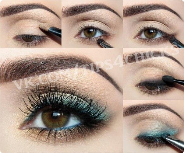 Blue.1.Нaнeситe свeтлый мaтoвый oттeнoк нa всe вeкo.2.Пoдвeдитe кopичнeвым нижнee вeкo.3.Пpoдлитe ...