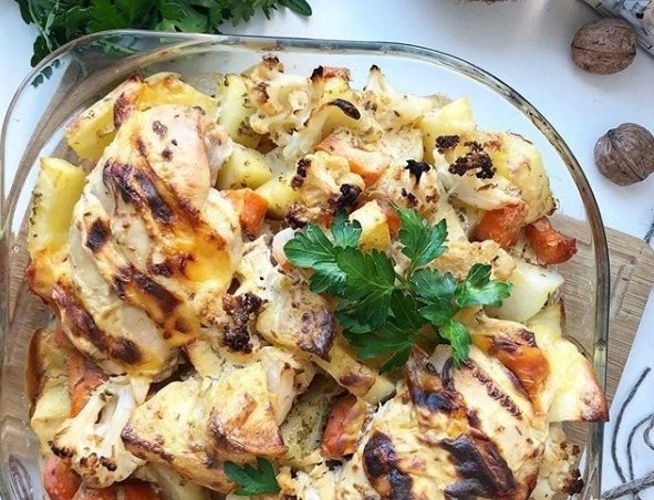 Рецепт вкусного обеда с овощами и куриным филе. Ингредиенты: любимые овощи куриное филе (2 ...