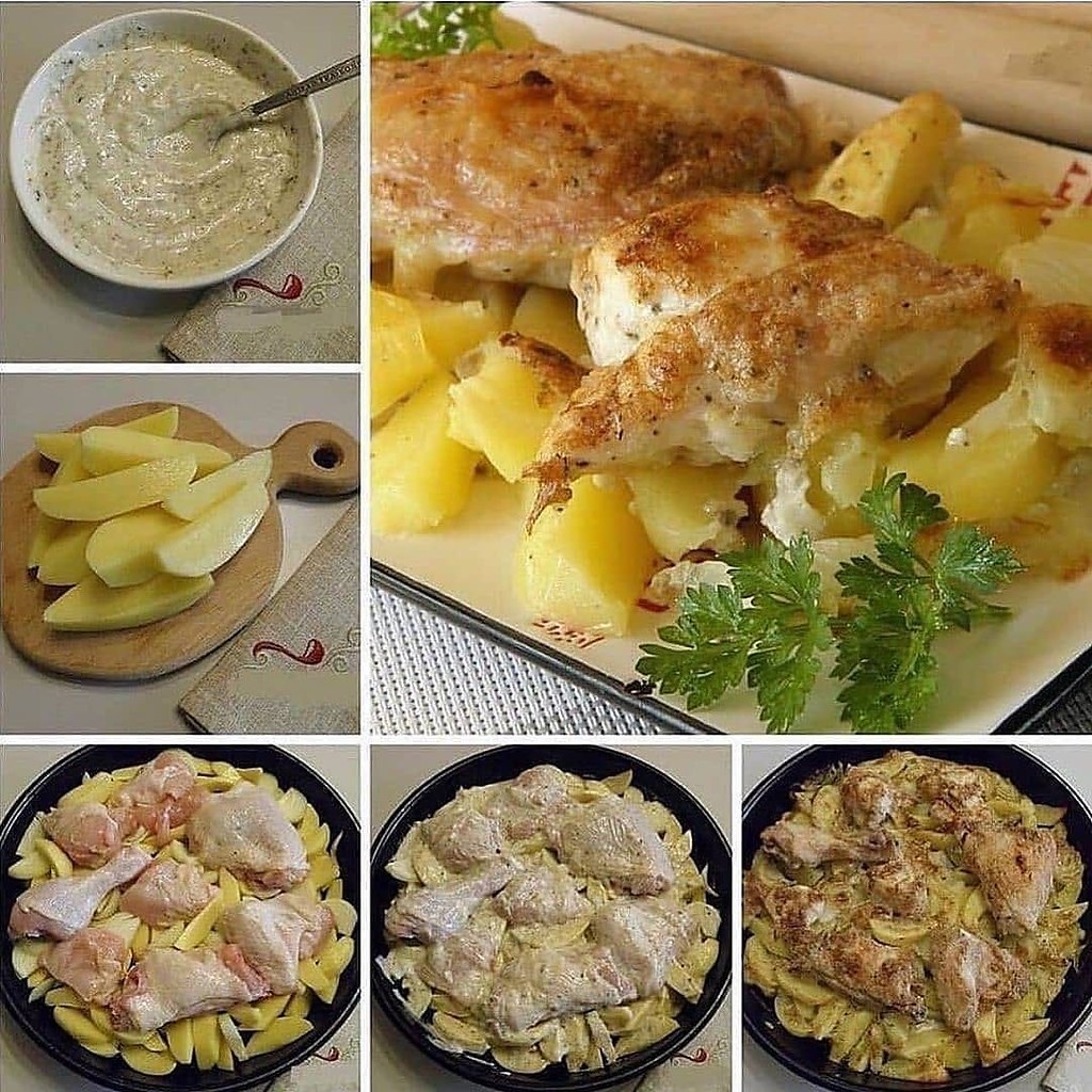 Картошка с курицеи в духовке под соусом. Ингредиенты: Курица — 0,5 Штуки Картофель — 600 Грамм Лук — ...