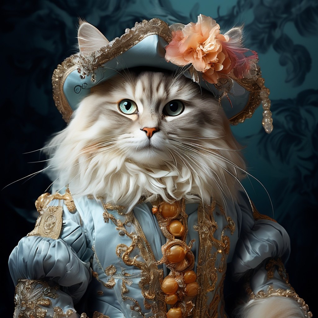 {."prompt": "fashion, cat in human costume, rococo ...