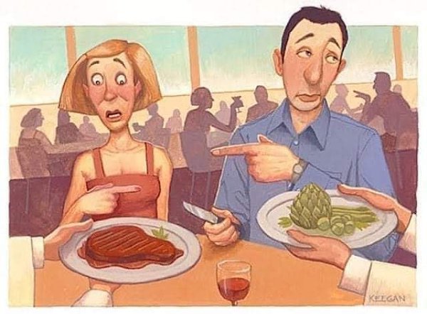 Оля не просто не ест мясо, нет. Она с мясом за одним столом не сидит. Ecли уж приходится — дepжится ...
