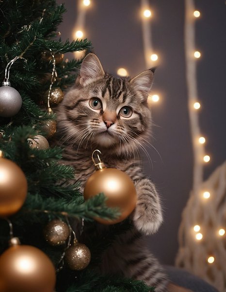 {."prompt": "Beautiful kitty trying to steal a ball from the New Year tree. Realistic ...