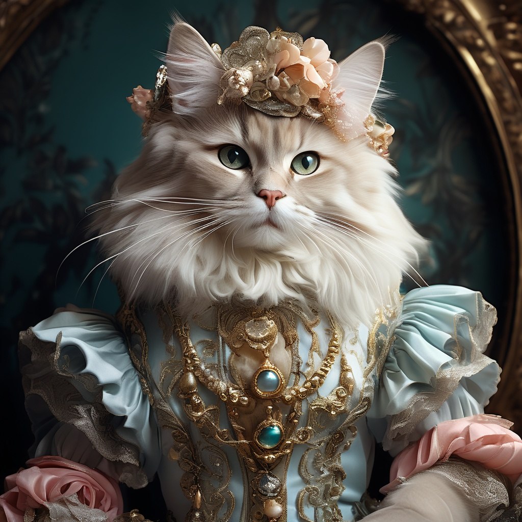 {."prompt": "fashion, cat in human costume, rococo ...