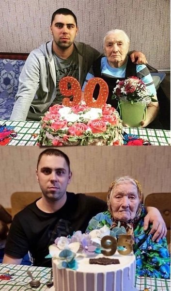 Внук повторил фото с бабушкой спустя 5 лет Дай бог здоровья бабушке. Ждём фотку еще через 5 лет.